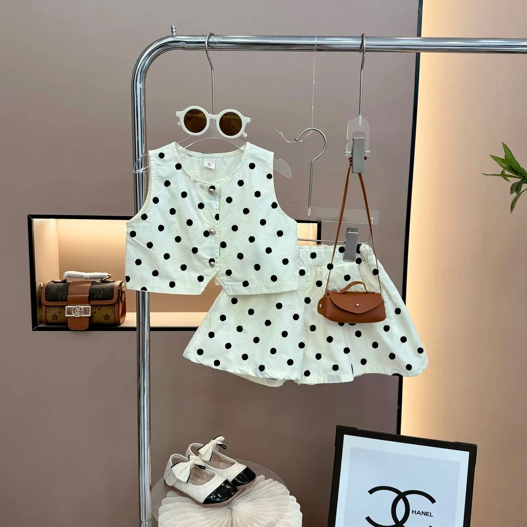 女童背心短裤2024夏季韩版波点上衣+短裤两件套棉时尚洋气套装