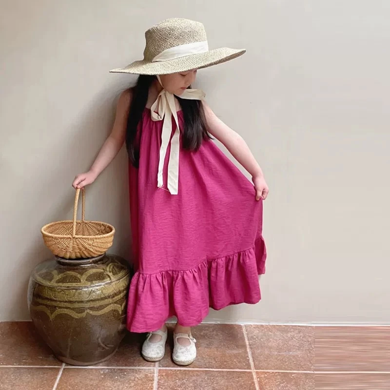儿童裙子夏季新品女童纯色棉麻吊带裙韩版宝宝洋气清凉沙滩公主裙
