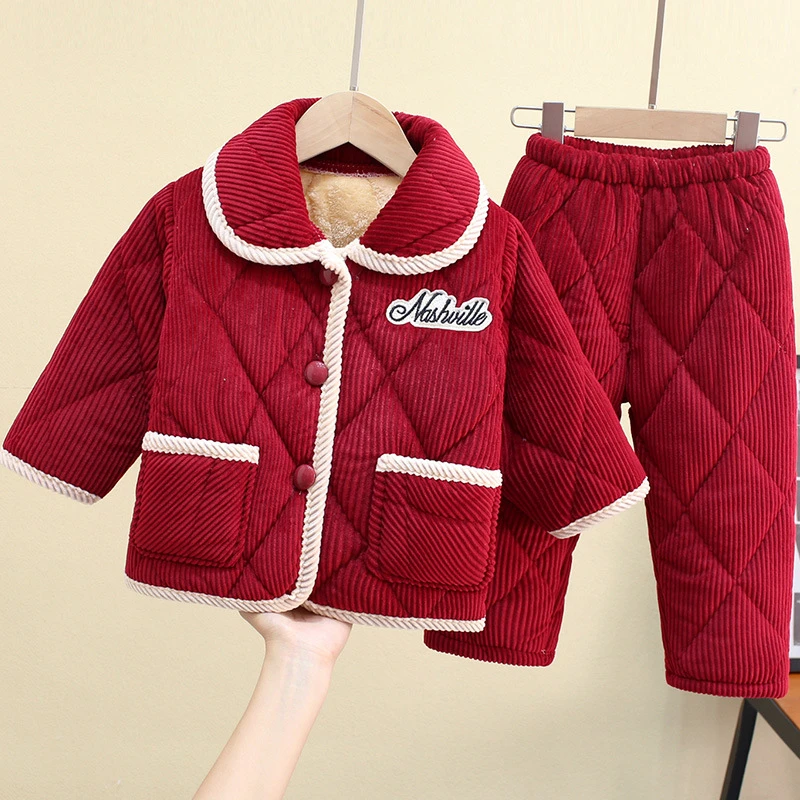 【三层夹棉过年服】秋冬季儿童加厚法兰绒宝宝三层夹棉家居服套装