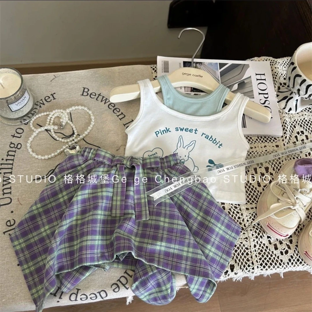 女童吊带背心套装2024新款洋气格子裙裤两件套