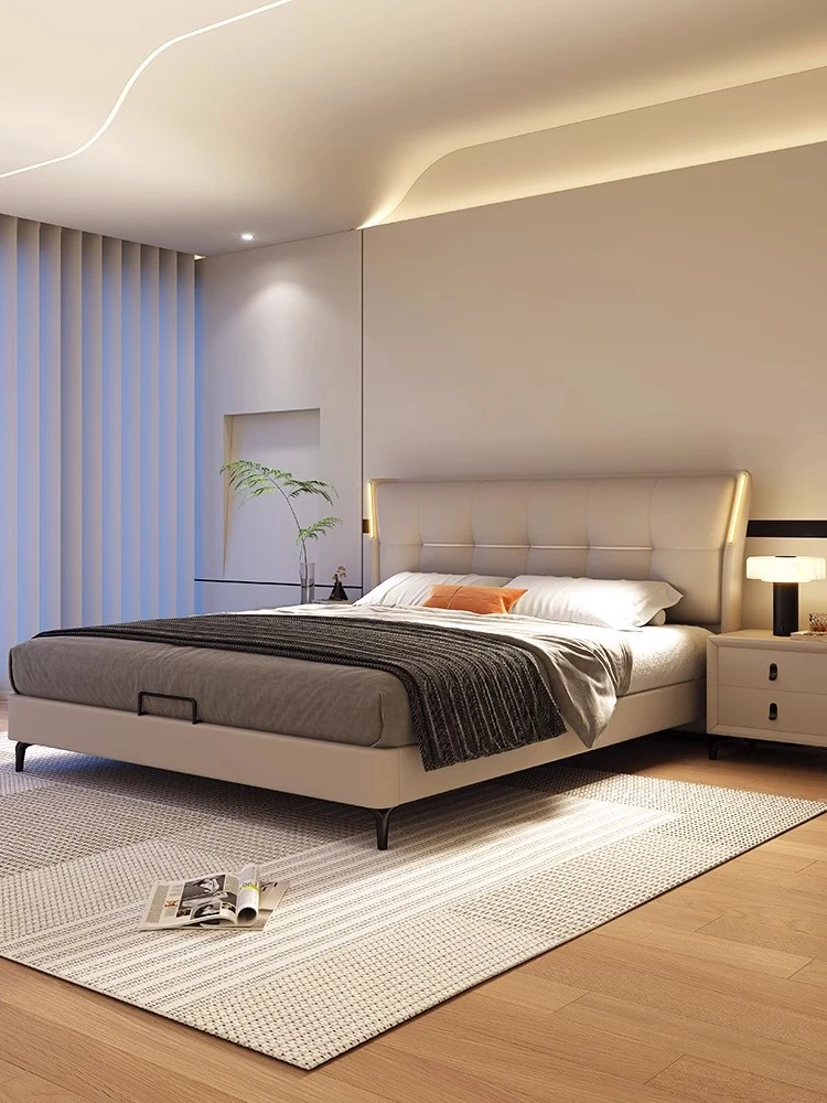 现代高端真皮床意式轻奢简约主卧室婚床双人软包2米2.2米皮艺大床