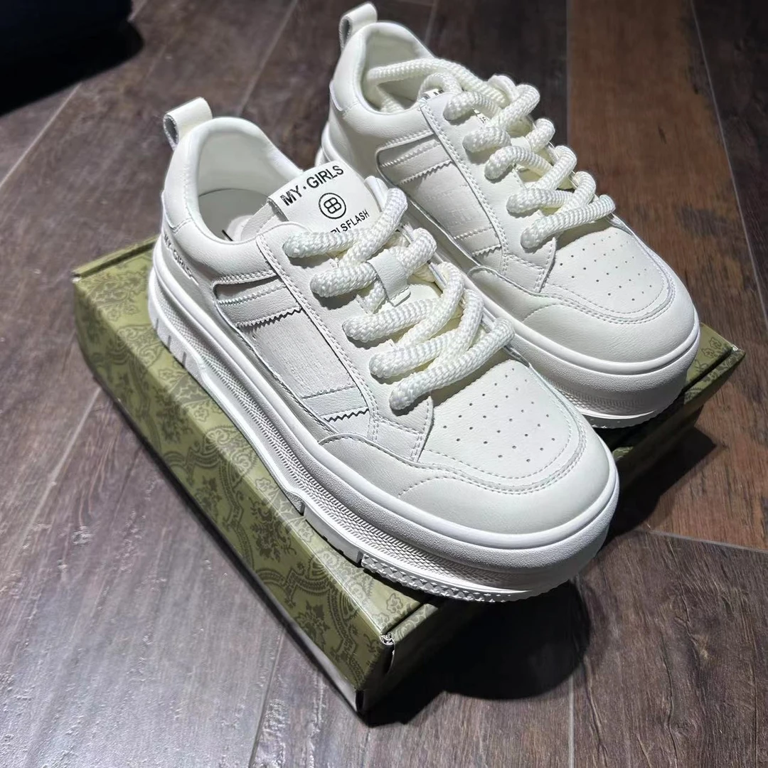 【鞋子】减龄圆头百搭系带厚底增高运动板鞋休闲小白鞋-66977