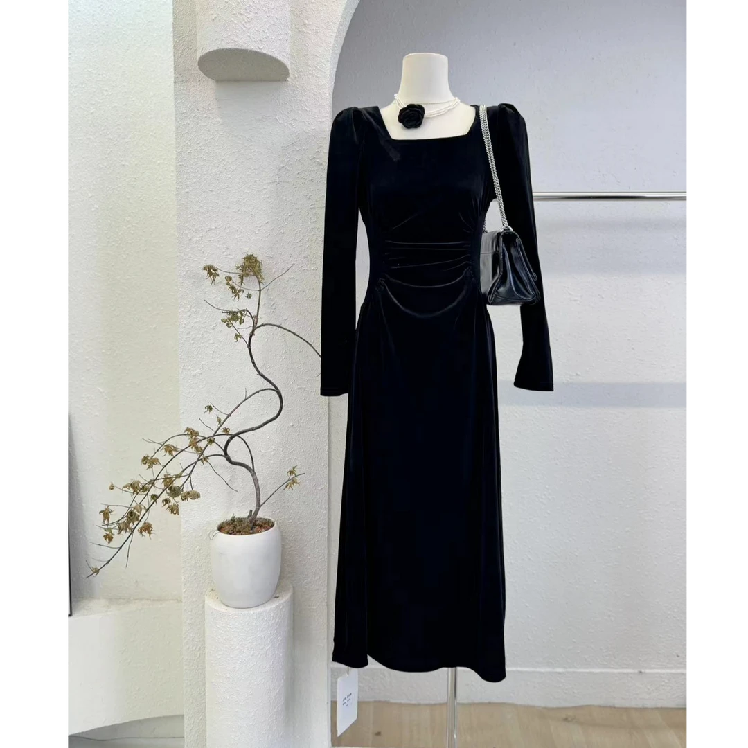 【苏兰文】6031-1-法式赫本风高级感连衣裙女新款收腰丝绒长裙