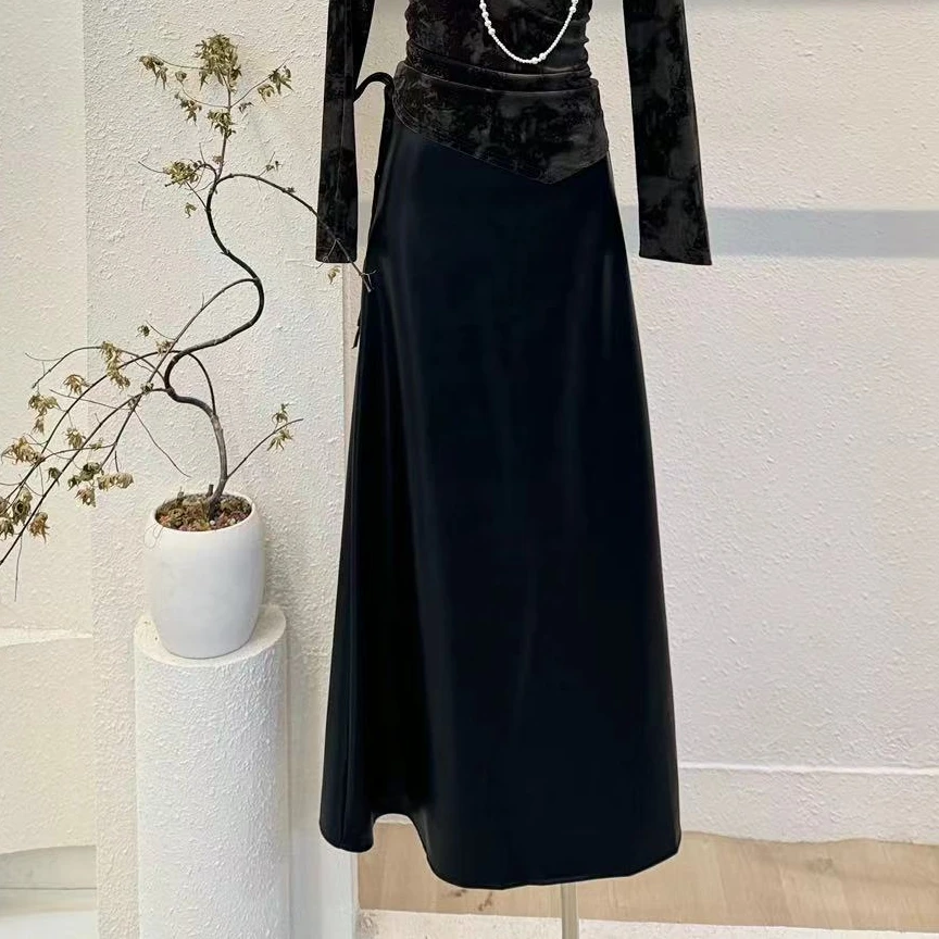 【失序Chic】A字显瘦后开叉高腰垂感赫本风皮裙-W006