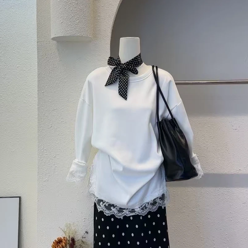 【泡芙小姐】白色蕾丝花边长袖T恤高级感上衣-1833-1