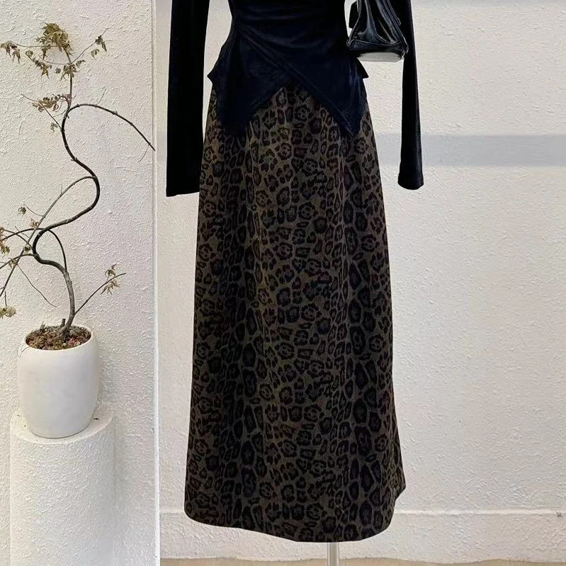 【秋日摩卡】轻奢名媛风气质修身显瘦a字豹纹裙-5096