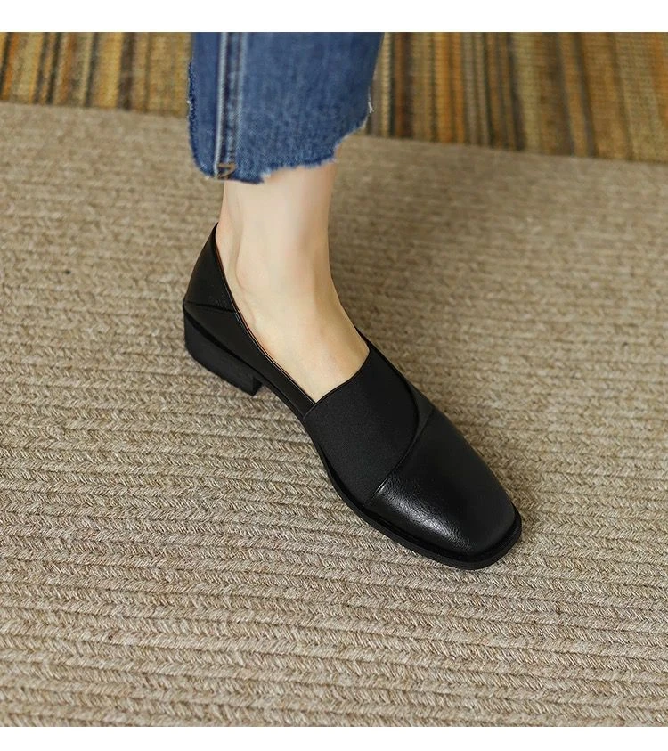 全牛皮断码清仓方头单鞋女2024年秋冬新款粗跟一脚蹬女鞋复古皮鞋