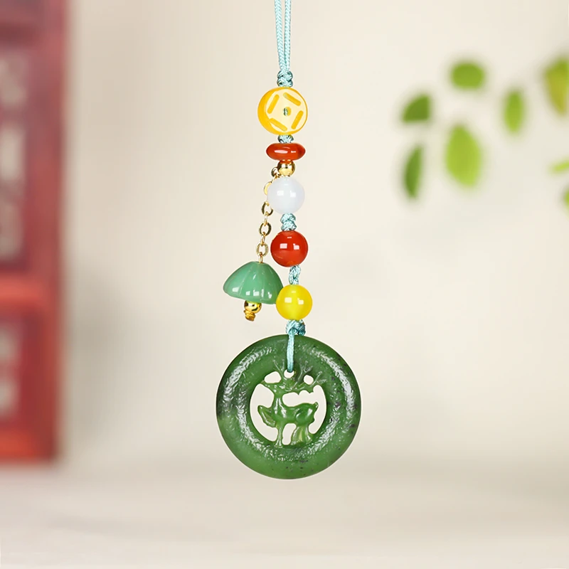 和田碧玉小鹿吊坠珠宝首饰收藏品一路平安精致镂空挂件喜上眉梢