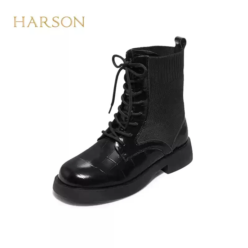Harson/哈森甜酷风时尚休闲短靴绑带女弹力马丁靴HA222528