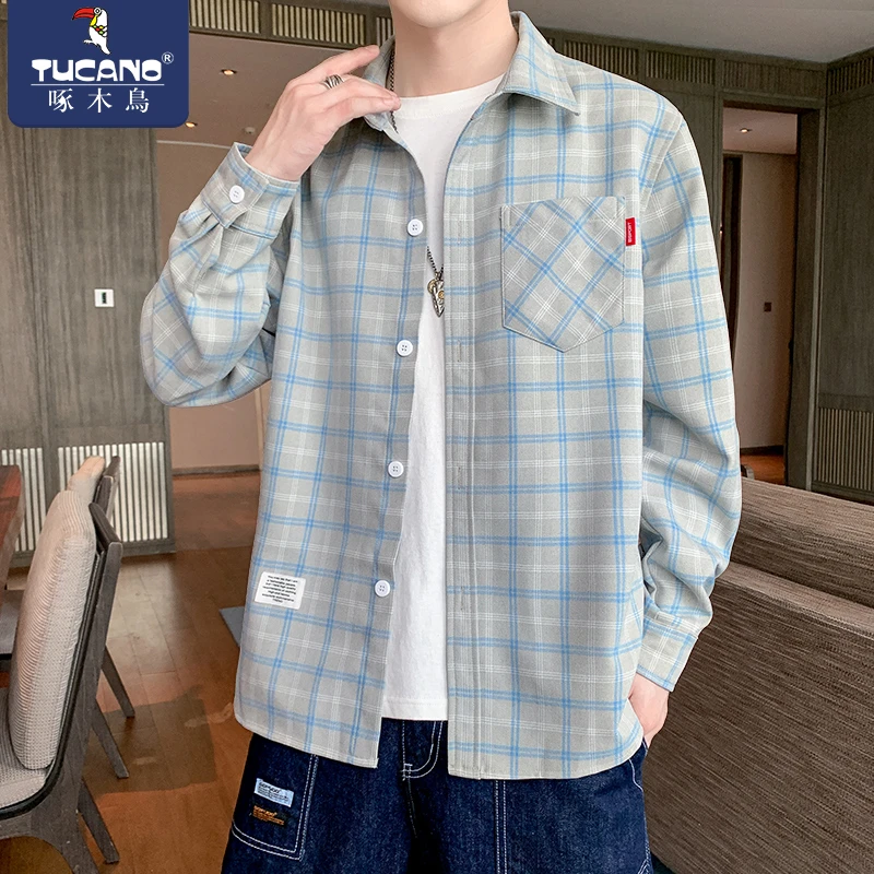啄木鸟高档百搭格子衬衫男士春秋季新款宽松外穿衬衣外套男款长袖