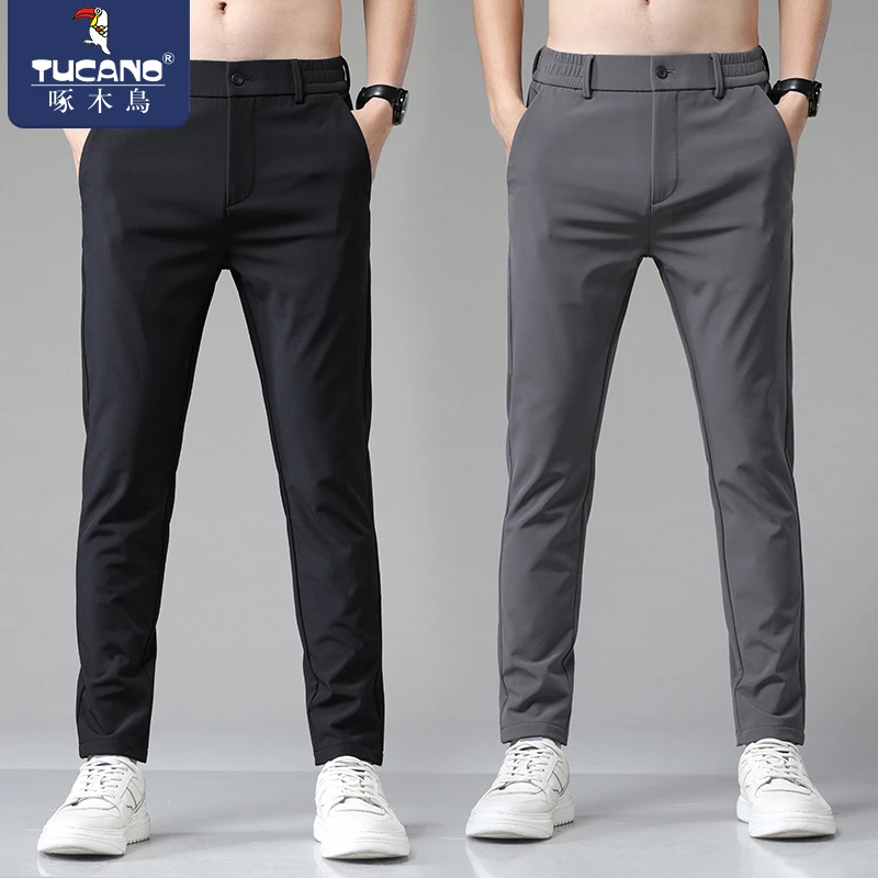 啄木鸟高档商务休闲裤男夏季薄款冰丝速干男裤潮牌修身小脚长裤子