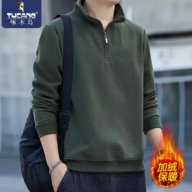 啄木鸟半拉链立领POLO衫男款爆款2025新款长袖秋冬加绒加厚打底衫