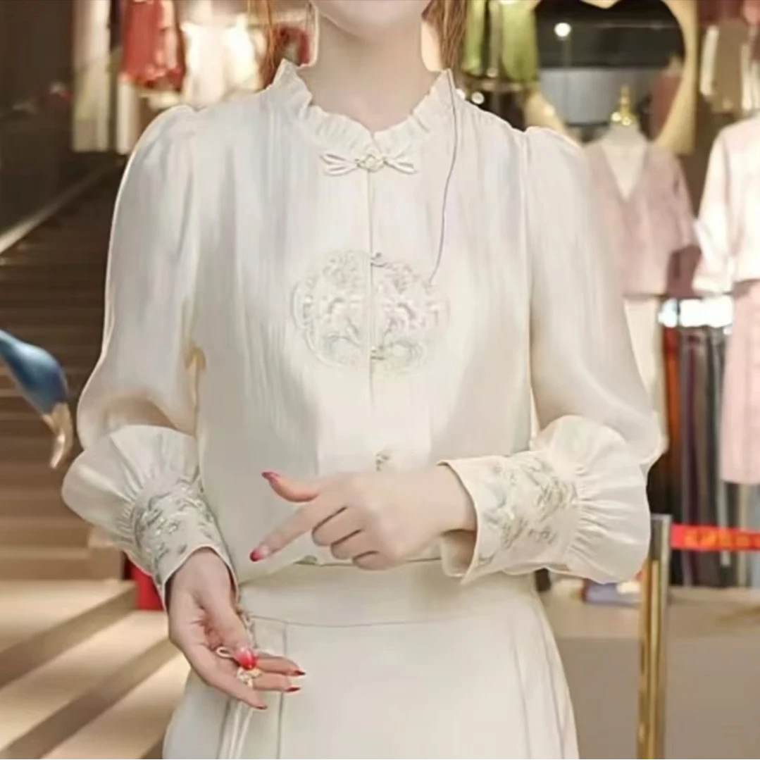 新中式国风花边领刺绣衬衫2024秋季盘扣衬衣