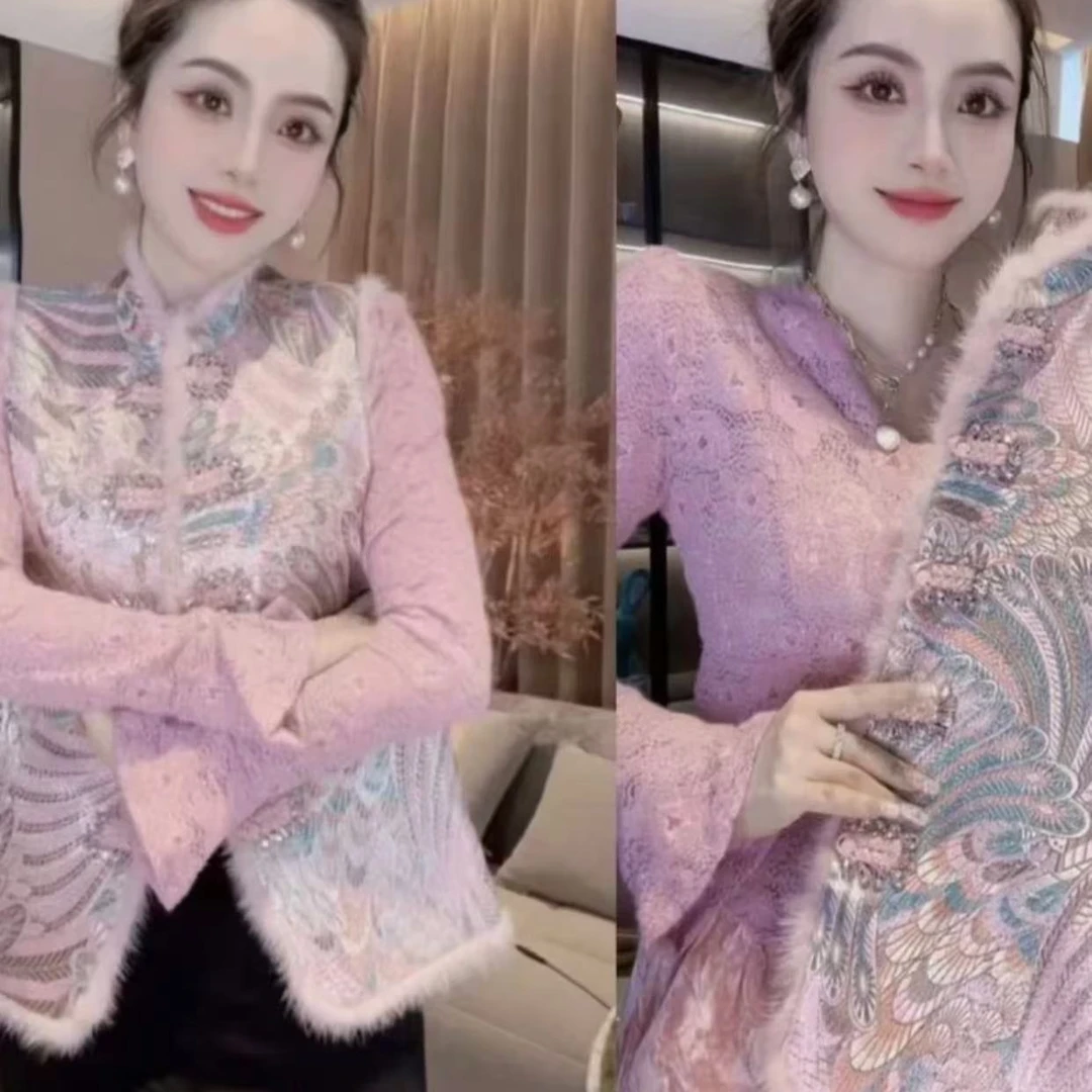 冬季新中式国风刺绣提花套装气质网红时尚复古秋冬毛毛加厚马甲