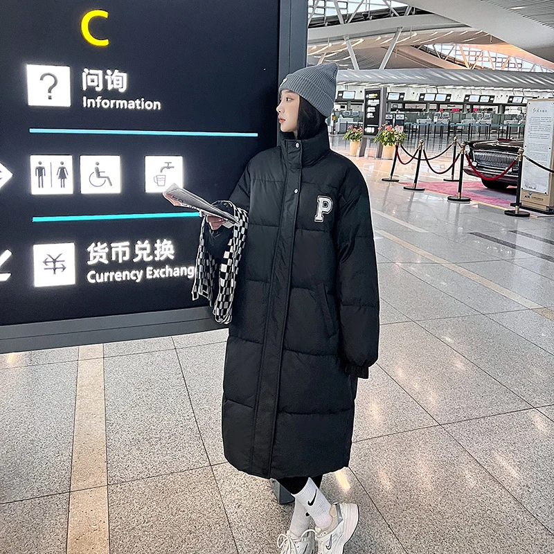 女式加厚立领棉衣2022新款冬季字母加长款韩版宽松过膝棉服外套