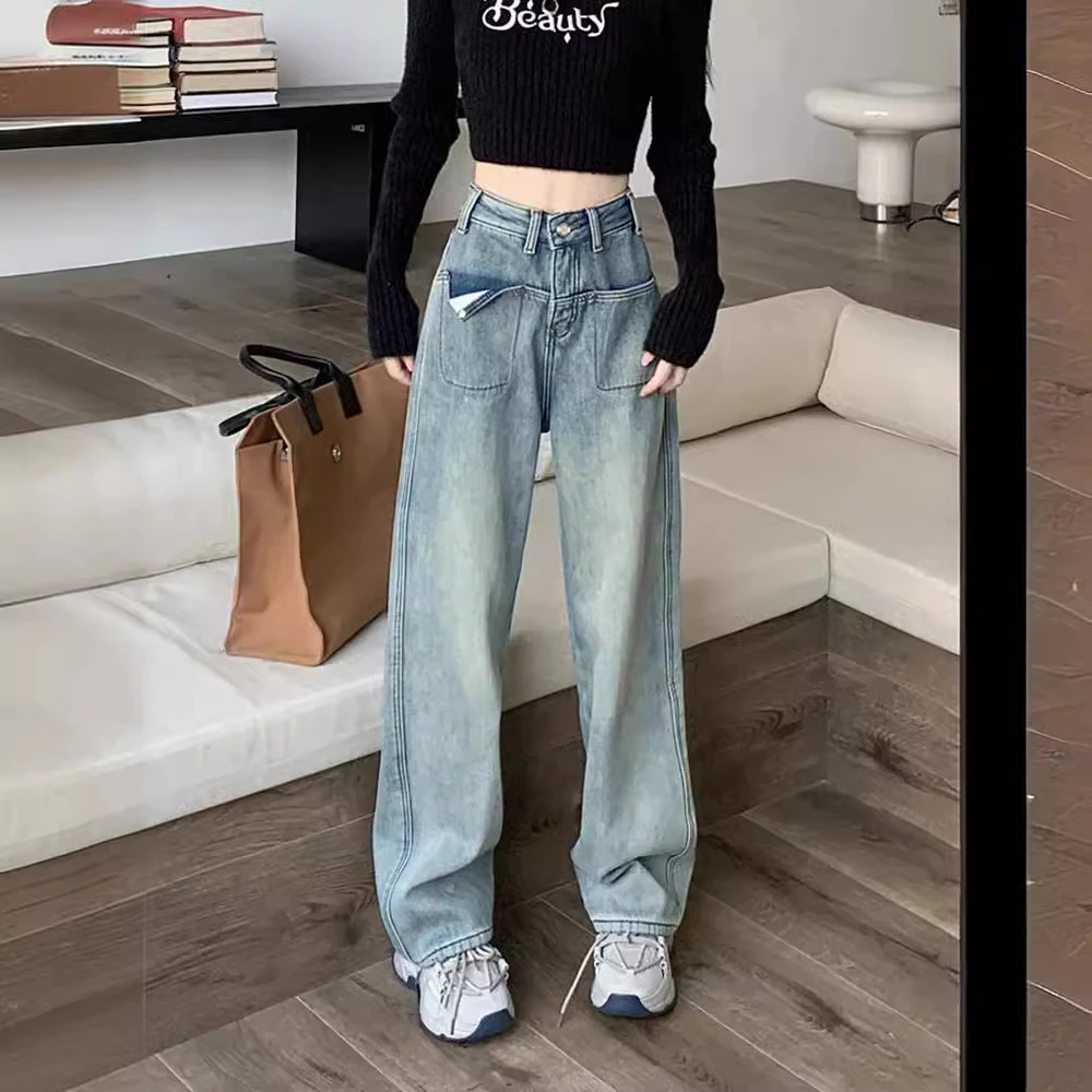复古直筒牛仔裤女秋季胖MM新款梨形身材大码高腰显瘦小个子阔腿裤