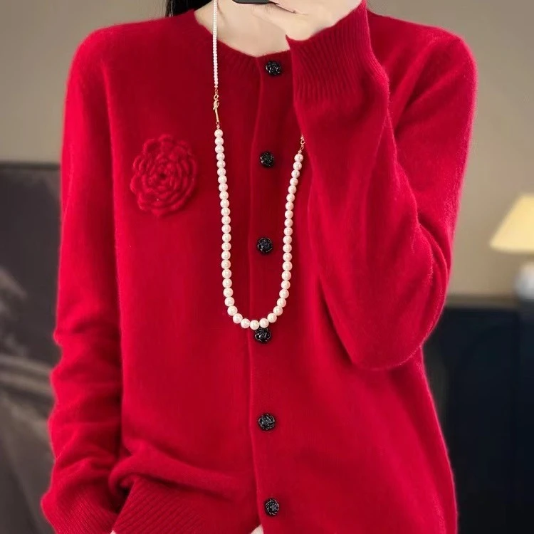 新年红手工牡丹钩花100%纯羊毛开衫秋冬长袖针织衫外搭毛衣时尚
