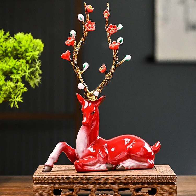 陶瓷创意梅花鹿摆件工艺品大气客厅装饰品招财结婚礼物佛系摆件