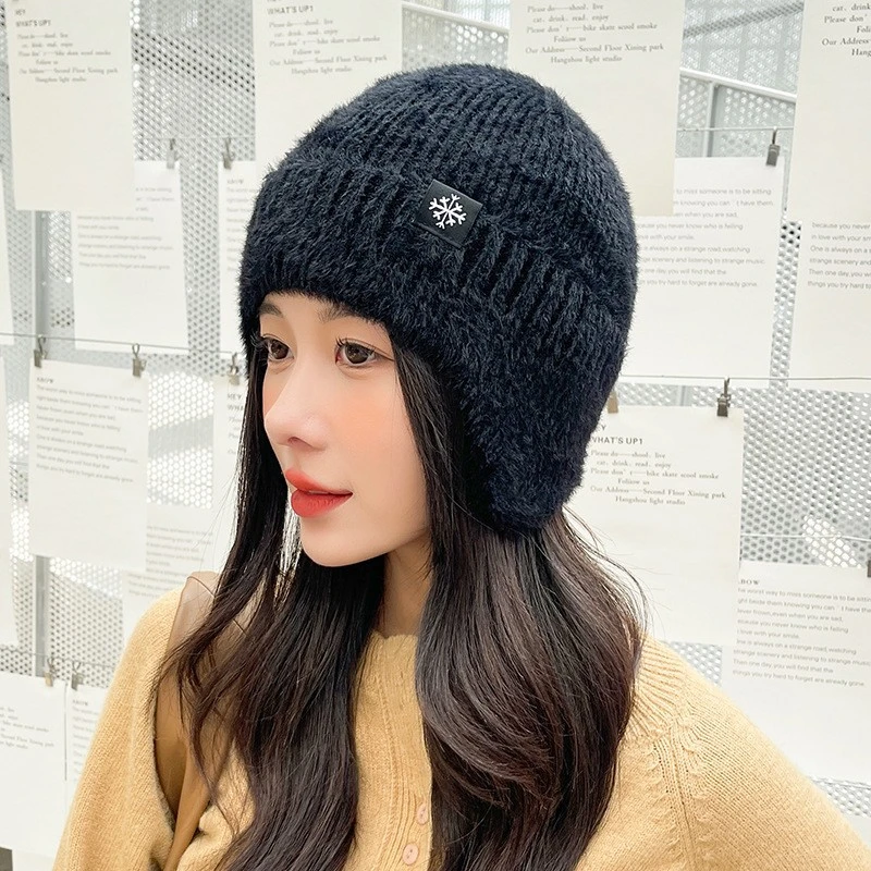 帽子女新款秋冬毛毛包头帽韩版时尚黑色护耳帽针织时尚简约套头帽