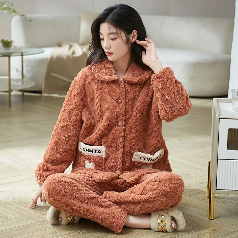 冬季睡衣女加厚款加绒提花绒保暖秋冬天女装法兰绒家居服两件套装