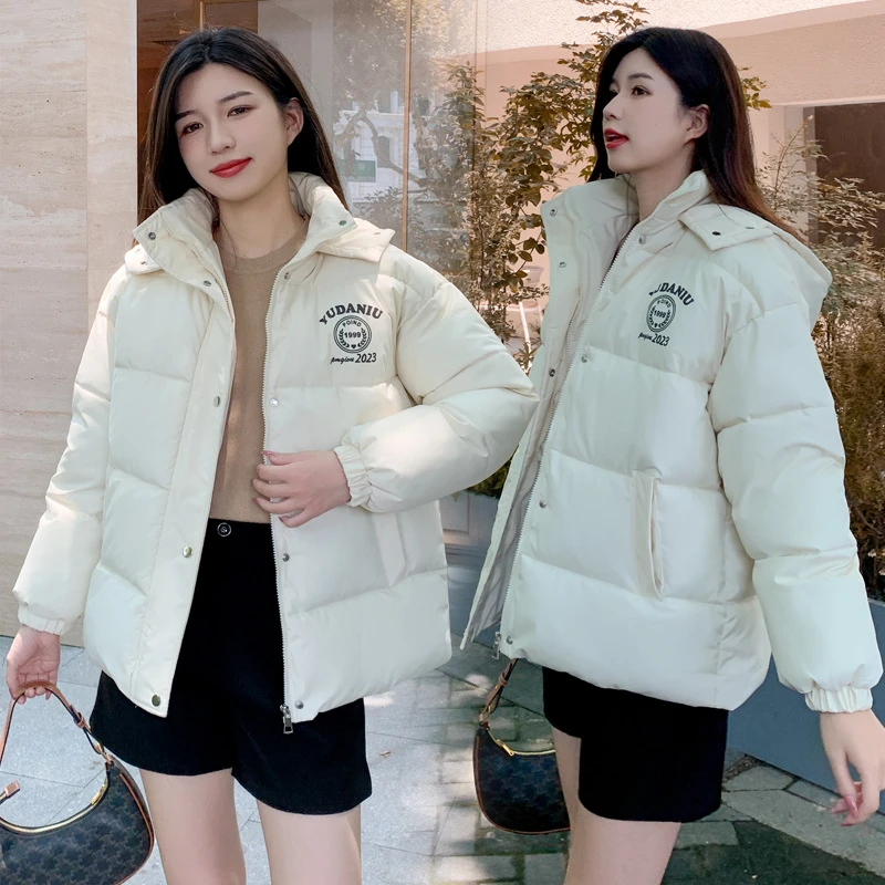 胸印字连帽羽绒棉衣女冬装小个子新短款韩版加厚面包服棉袄外套潮