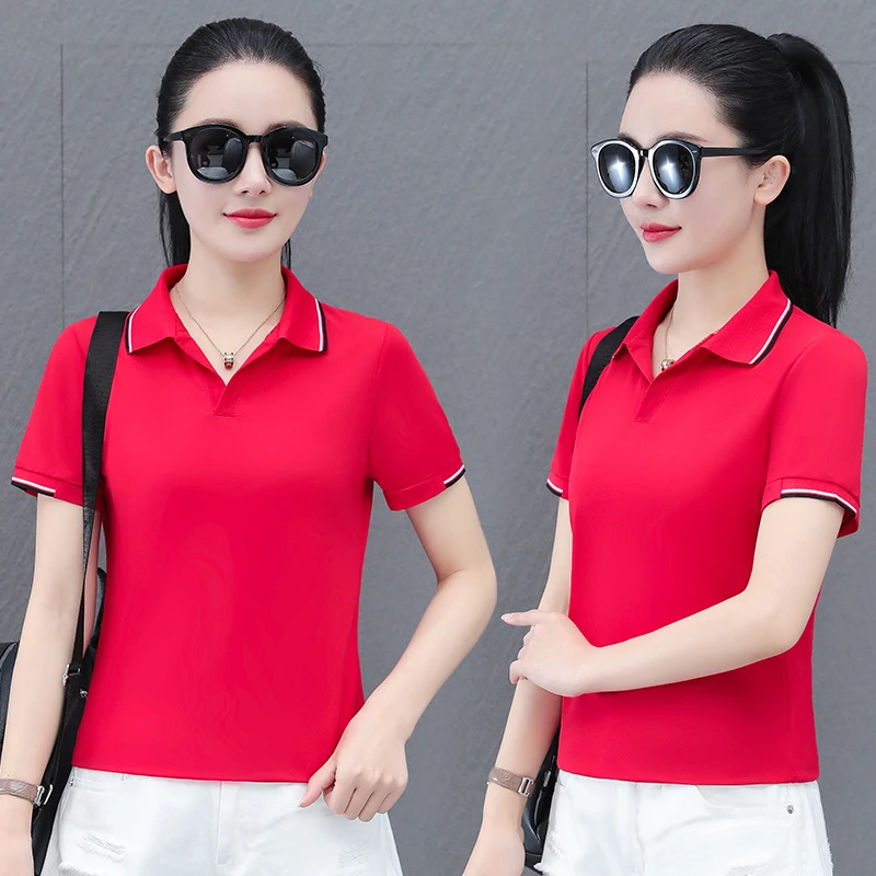 可印LOGO纯棉弹力休闲短袖POLO衫女夏季薄款简约通勤工作服T恤衫