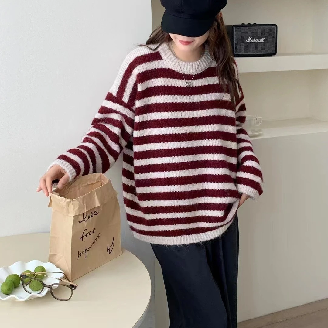 2024秋冬新款韩系条纹慵懒风圆领针织衫时尚百搭宽松套头毛衣女装