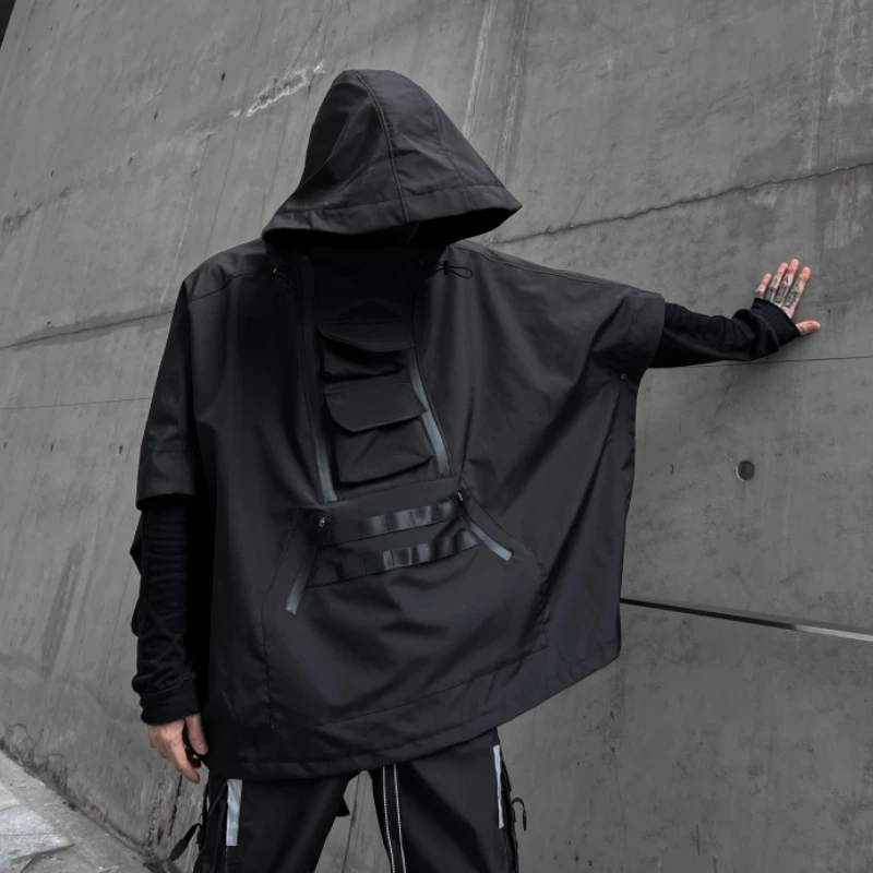 24秋冬男暗黑夹克机能风宽松七分袖工装潮牌斗篷连帽外套