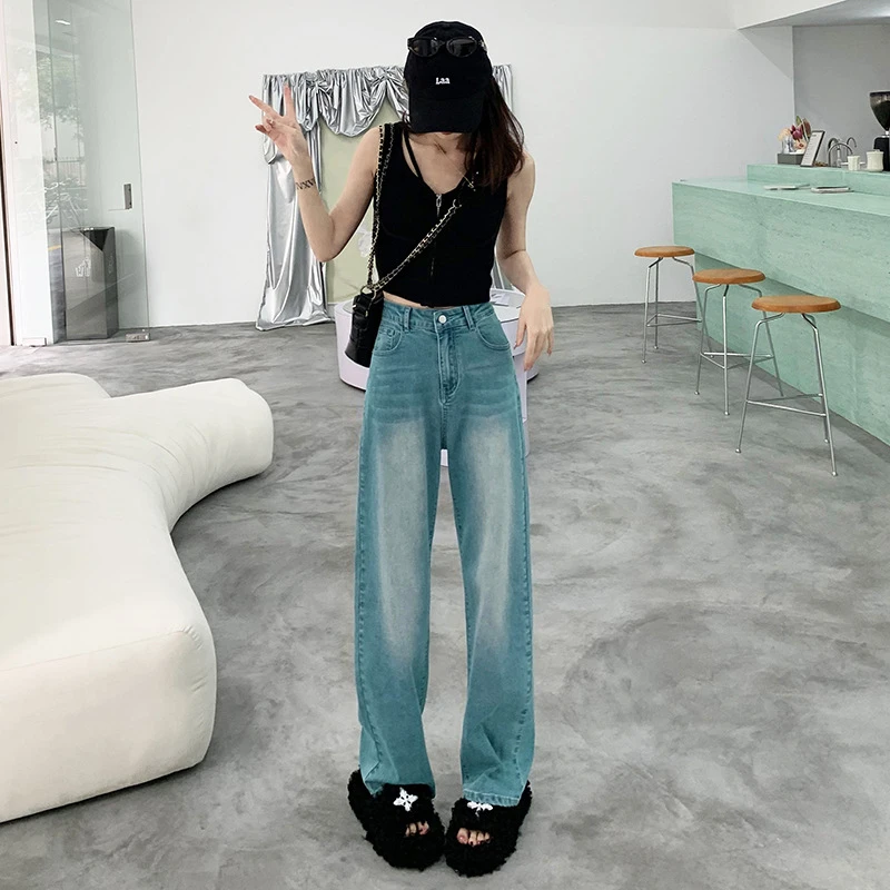 美式时尚水洗阔腿牛仔裤女2024早春新款高腰梨型身材窄版直筒裤子