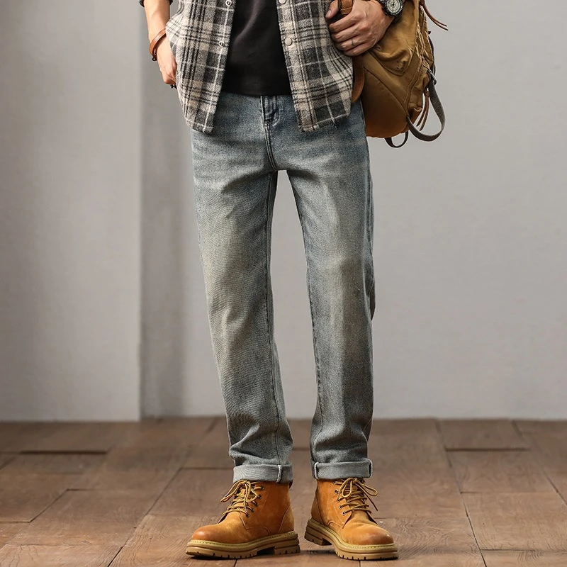 包邮牛仔裤男弹力小直筒绣花复古水洗潮中腰大青年日系宽松哈伦