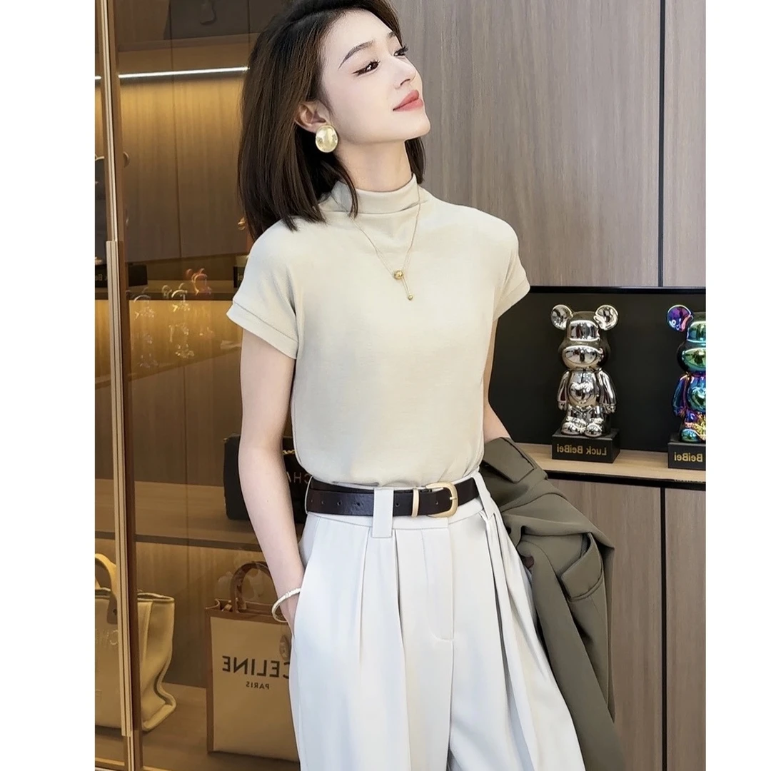 欧颍昇半高领针织衫打底t恤百搭显瘦气质女款时尚简约上衣女730