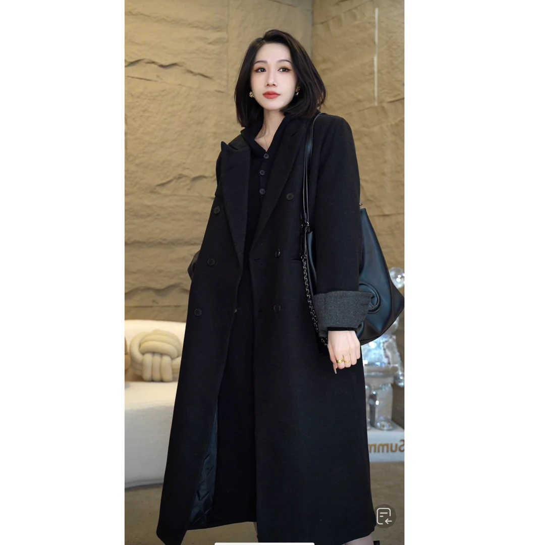 时尚加厚双排扣撞色翻袖毛呢大衣女冬季气质韩版宽松长款外套917