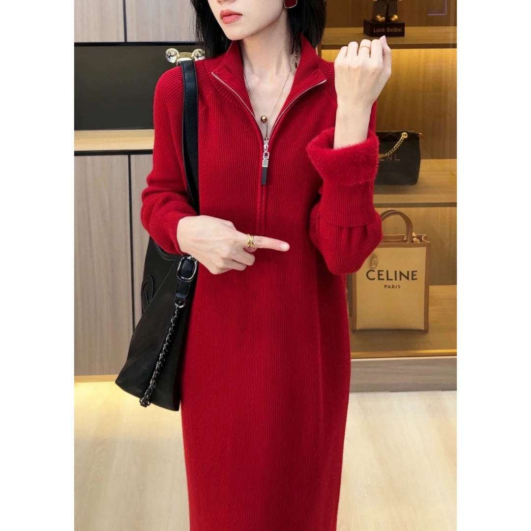 欧颍昇加绒款【浪漫柏林】时尚百搭加厚打底外穿毛衣拉链连衣裙876