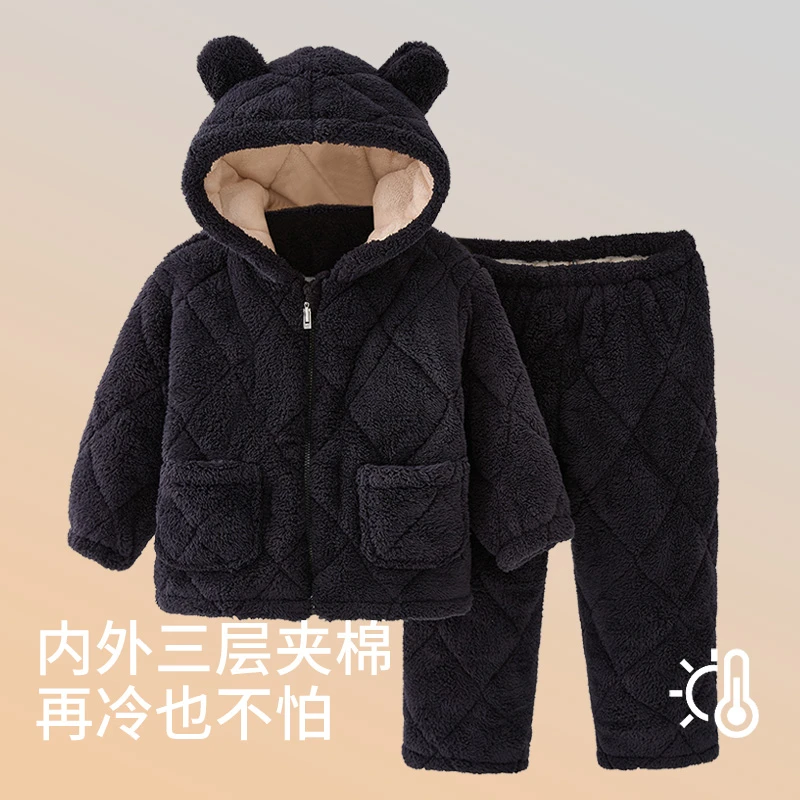 男童睡衣冬季儿童加绒加厚夹棉家居服法兰绒宝宝珊瑚绒大童套装