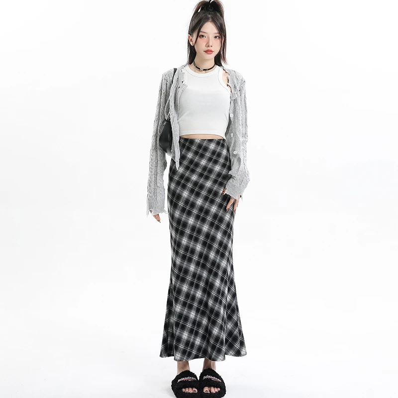 毛呢显瘦半身裙高腰时尚复古秋冬春季中长款开叉格纹鱼尾半身裙女