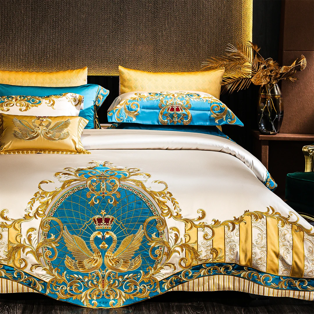 欧式高档床上用品四件套140支长绒棉奢华别墅贡缎刺绣纯棉十件套