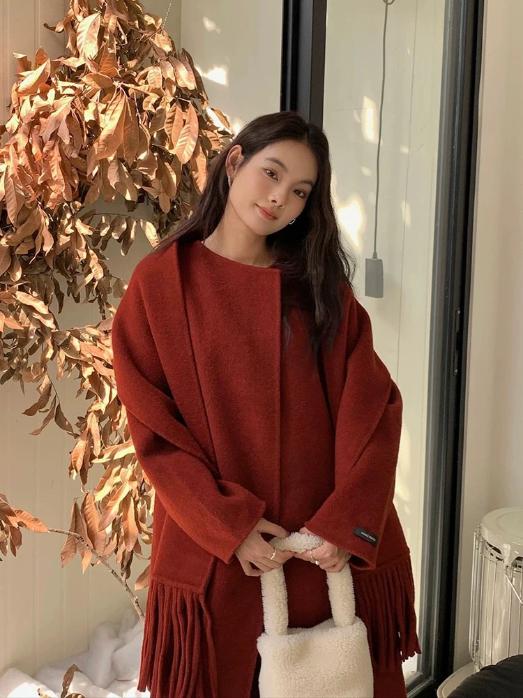 【安东尼】围巾款新款双面羊毛外套秋冬时尚百搭气质女士