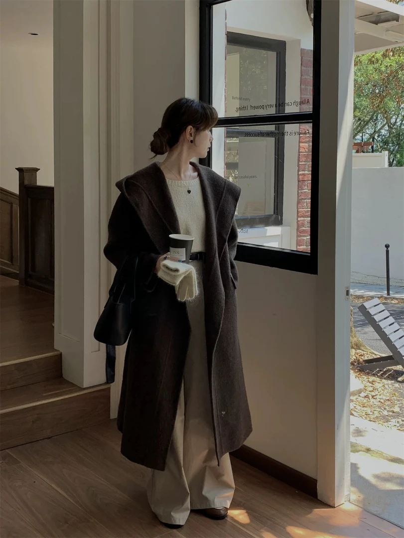 【圣彼得堡】秋冬系带长款连帽款双面人工手缝羊毛大衣外套