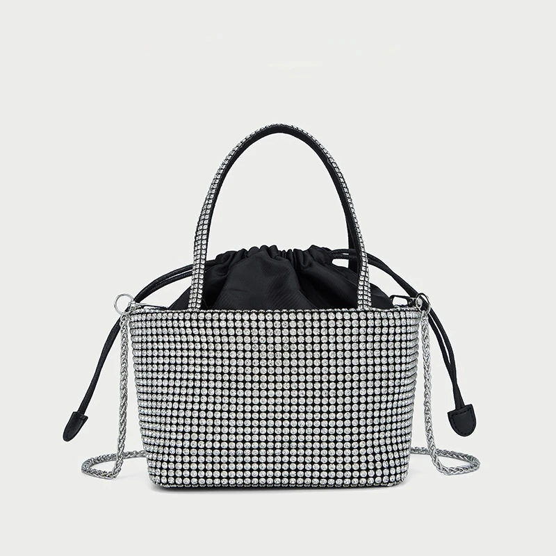 2025新款手提菜篮子抽绳镶钻链条斜挎小方包#05-1白