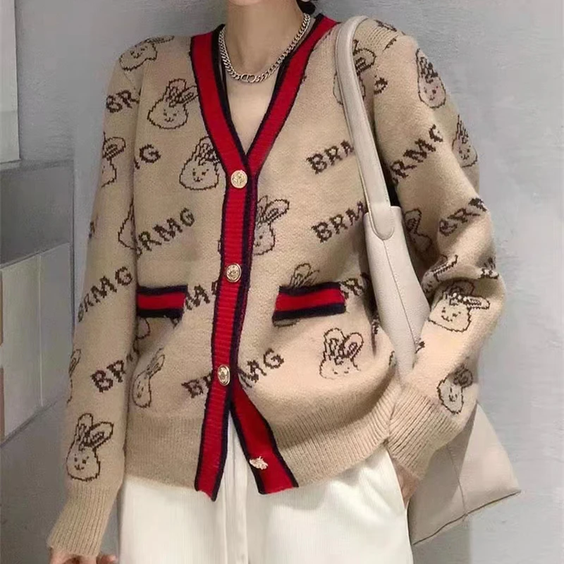 2025年早春新款时尚拼色V领针织毛衣开衫外套ZQ164-02