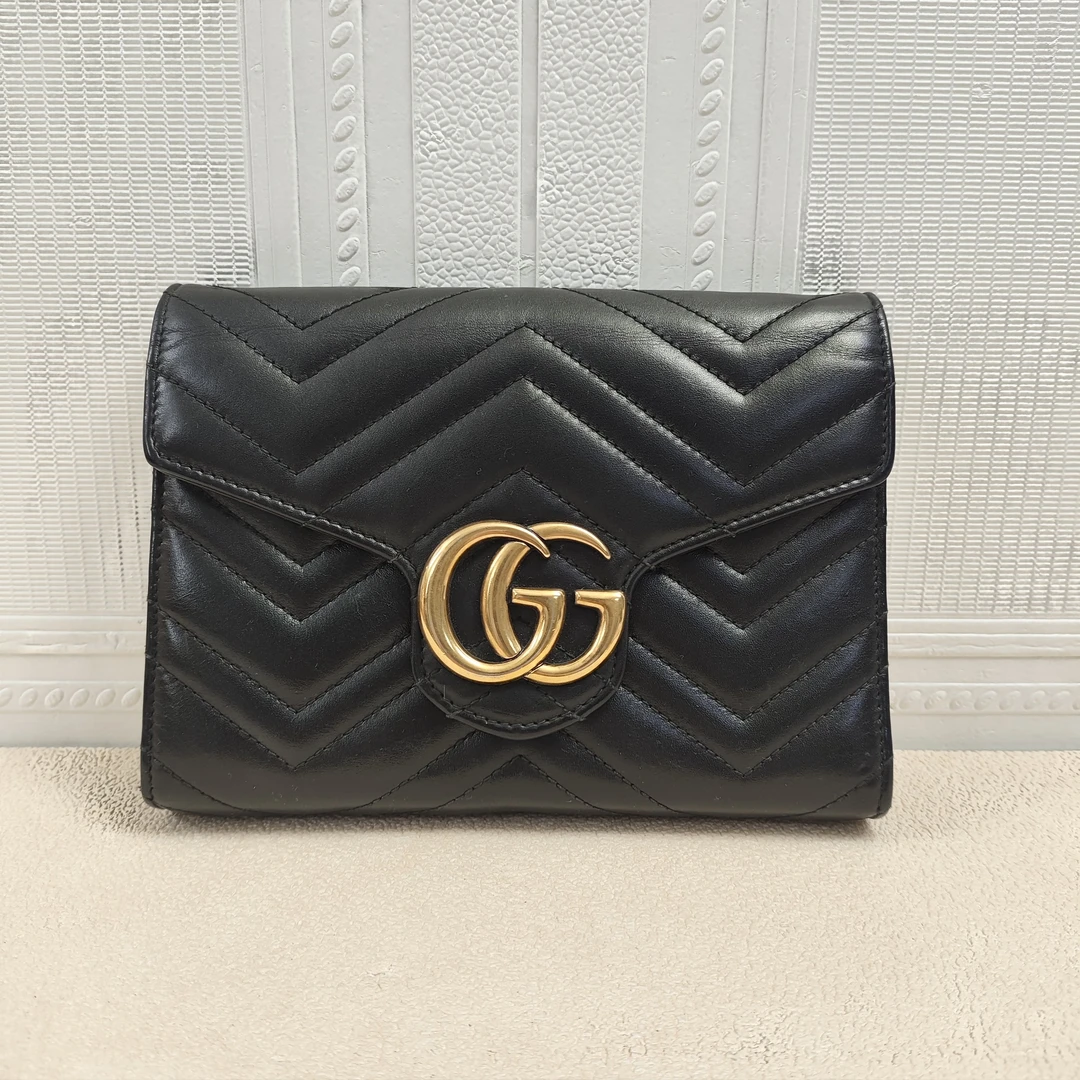 95新 GUCCI/古驰 麦殿甄选/古驰牛皮woc20cm黑色/斜挎包