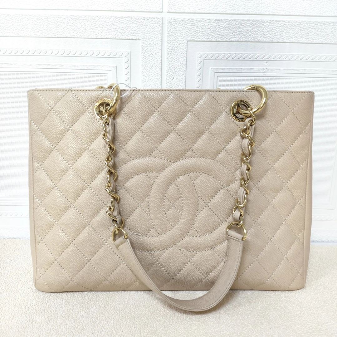 95新 Chanel/香奈儿 麦殿甄选/荔枝纹GST购物袋33cm米色金扣16开