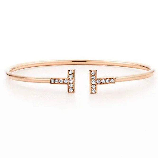 99新 Tiffany & Co./蒂芙尼 20204年双T系列18k金带钻手镯/全套票