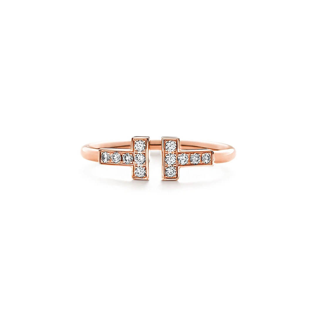 99新 Tiffany & Co./蒂芙尼 蒂芙尼18K金双T半钻戒指51码