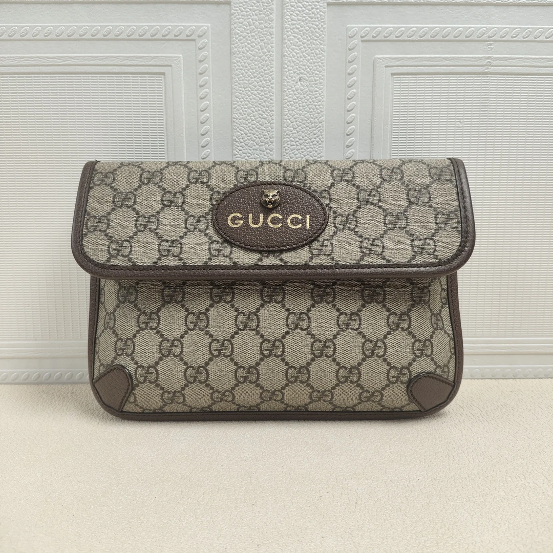 99新 GUCCI/古驰 麦殿甄选古驰老花虎头腰包24cm棕色/斜挎包