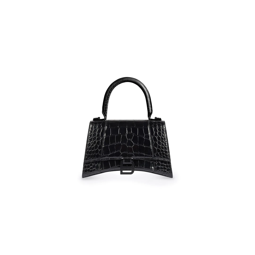 95新 Balenciaga/巴黎世家 鳄鱼压纹牛皮沙漏包19cm黑色