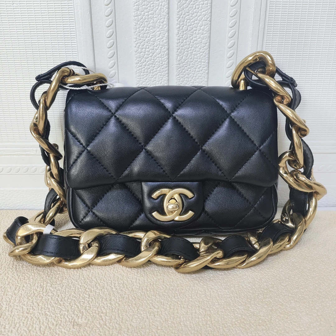 95新 Chanel/香奈儿 麦殿甄选/香奈儿羊皮粗链方胖子底长16cm黑色
