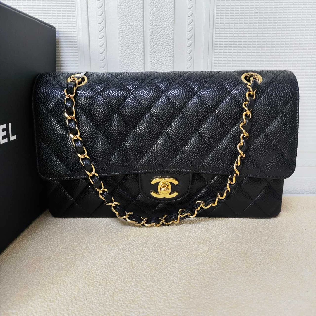 99新 Chanel/香奈儿 香奈儿荔枝皮CF中号黑色金扣芯片款