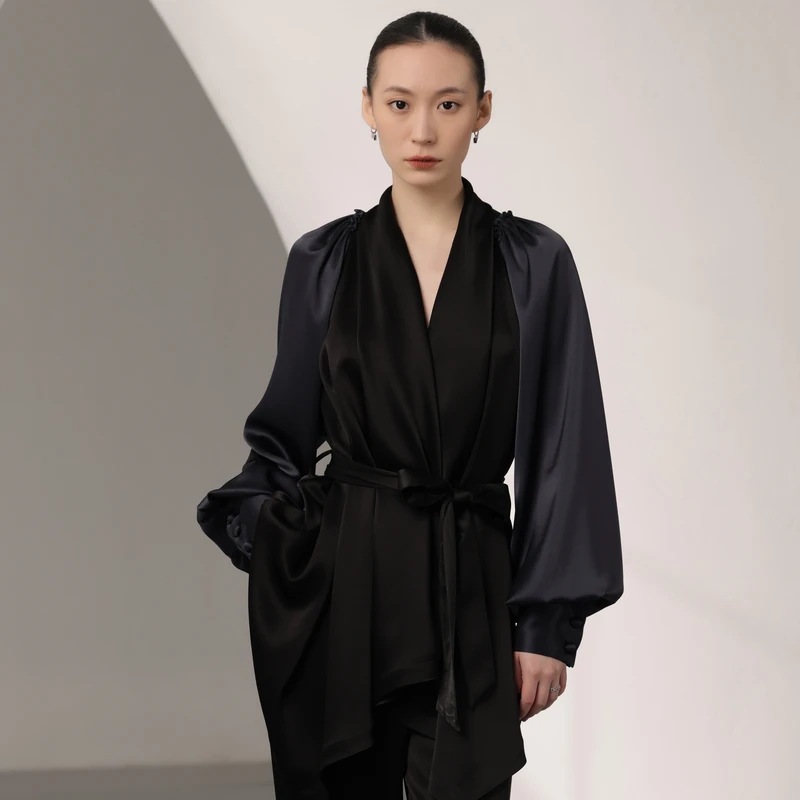 原创三醋酸秋季纯色拼接系带V领插肩衬衫长袖洋气气质衬衣上衣