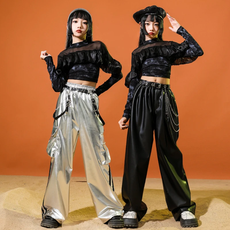 少儿爵士舞服装露脐网纱上衣皮裤套装jazz女童街舞潮服元旦演出服